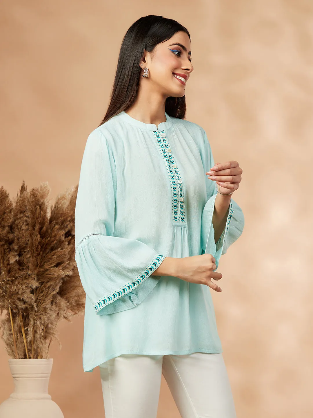 Solid Turquoise Pink  Gathered Top