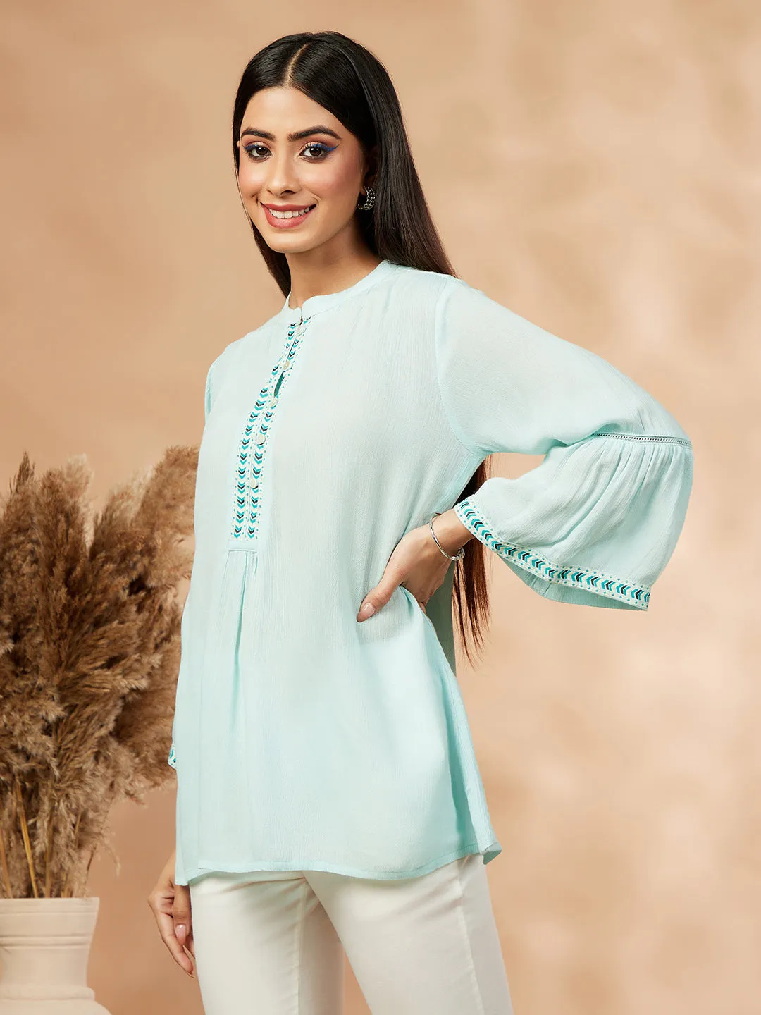 Solid Turquoise Pink  Gathered Top