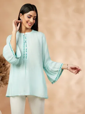 Solid Turquoise Pink  Gathered Top