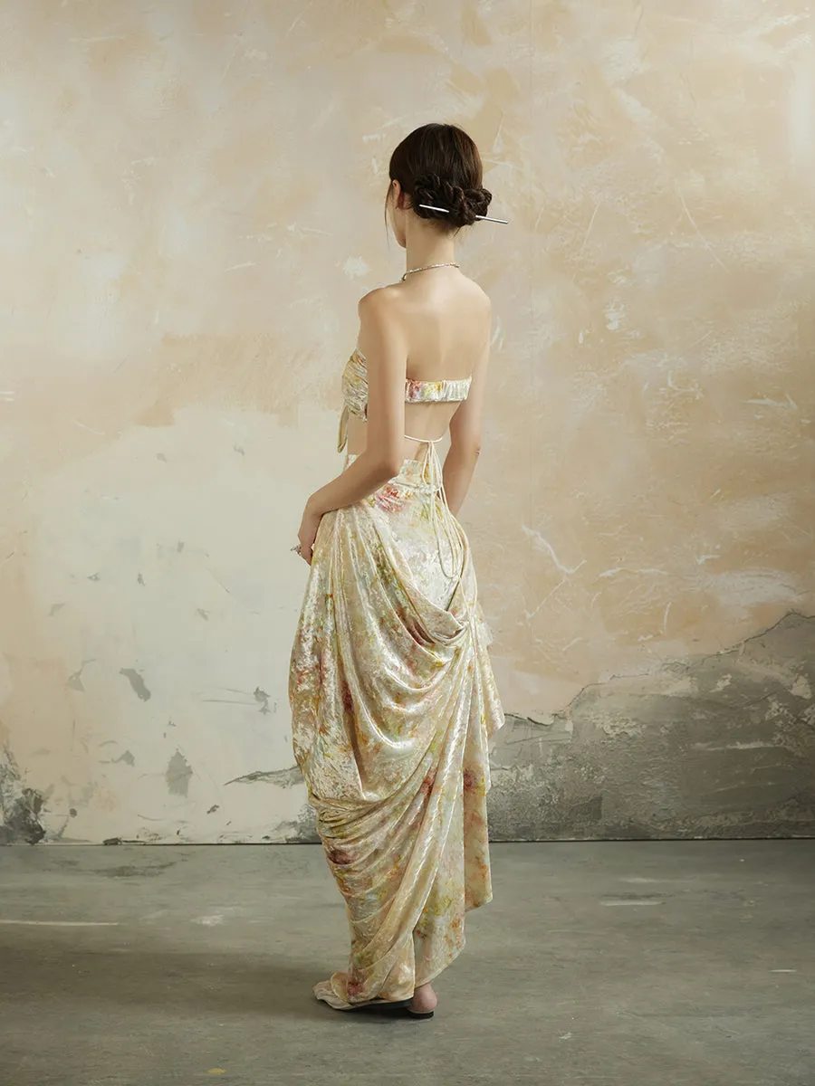 Speckled Asymmetry Drape Feminine Velvet Elegant Long-Skirt