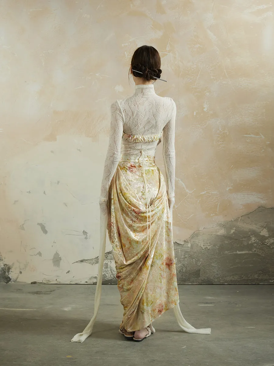 Speckled Asymmetry Drape Feminine Velvet Elegant Long-Skirt