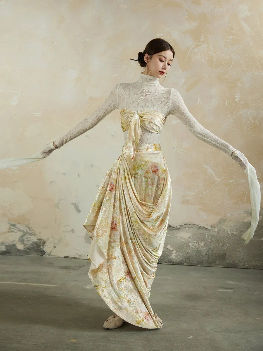 Speckled Asymmetry Drape Feminine Velvet Elegant Long-Skirt