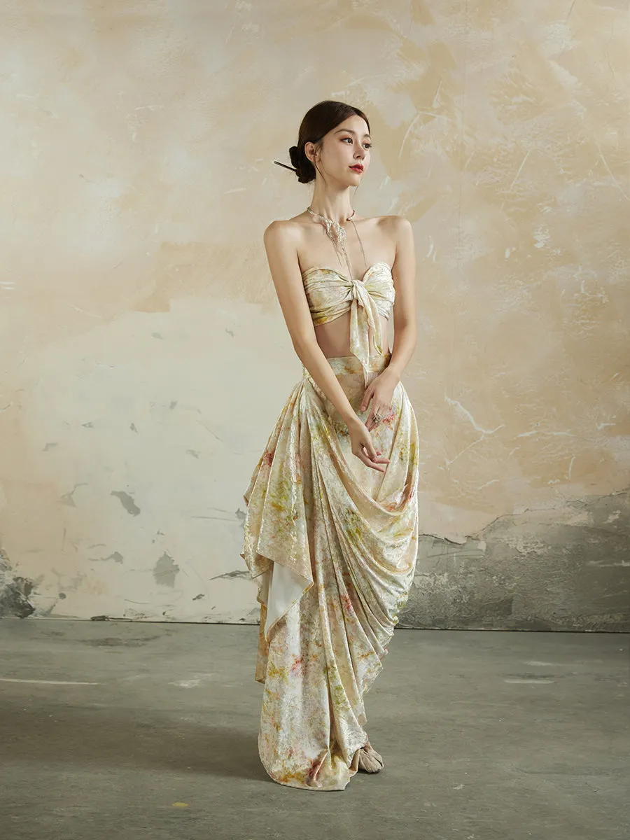 Speckled Asymmetry Drape Feminine Velvet Elegant Long-Skirt