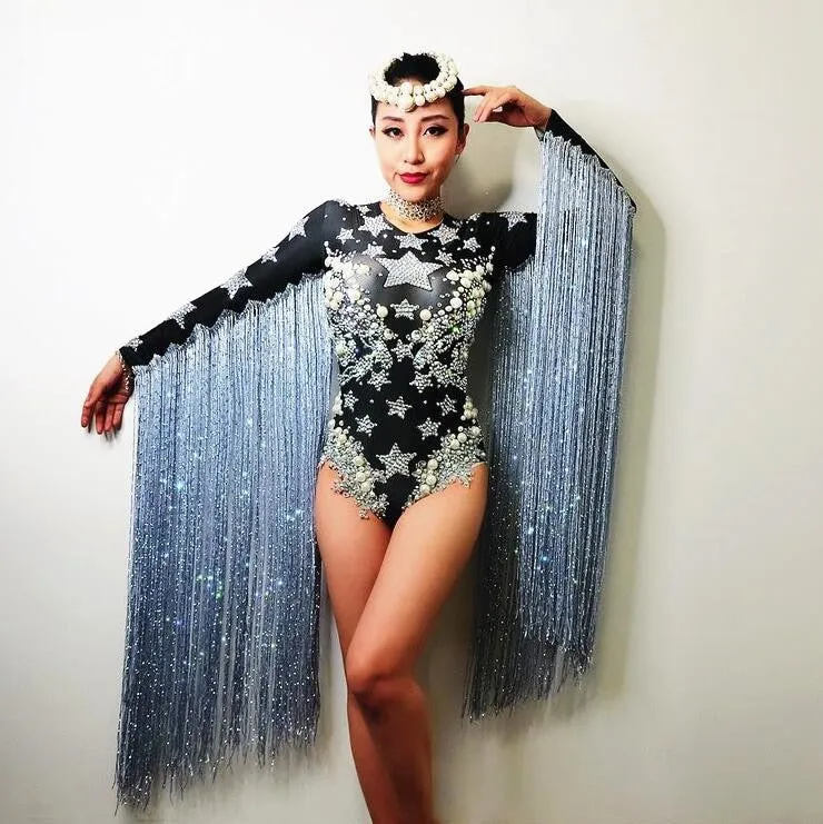Star Power Fringe Crystals Stars Bodysuit Stage Performance Dance Leotard