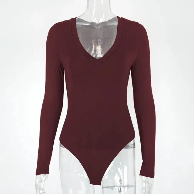 Thin Soft Long Sleeve V Neck Bodysuit