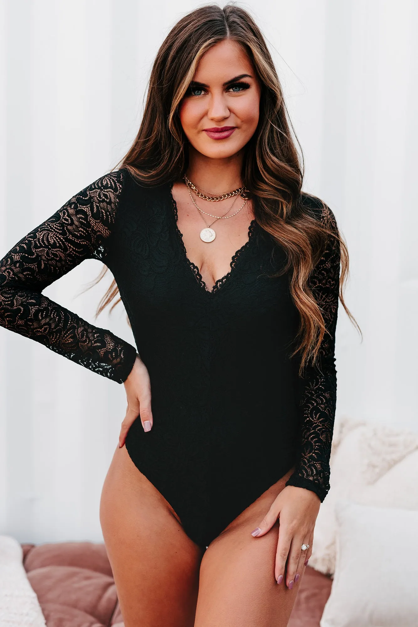Touch Of Perfection Long Sleeve Lace Bodysuit (Black)