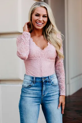 Touch Of Perfection Long Sleeve Lace Bodysuit (Blush Nude)