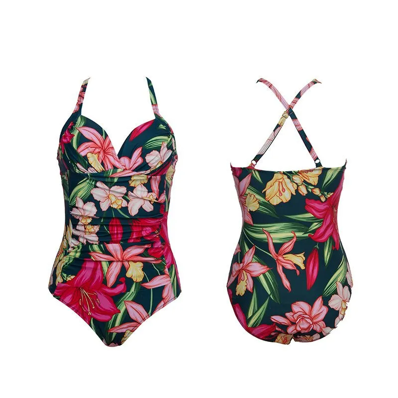 Tropical Flower and Leaves Print One-Piece Summer Bodysuit