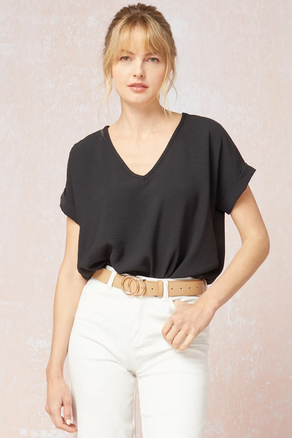 V-Neck Bodysuit with Rolled Sleeves by Entro