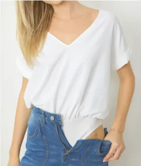 V-Neck Bodysuit with Rolled Sleeves by Entro