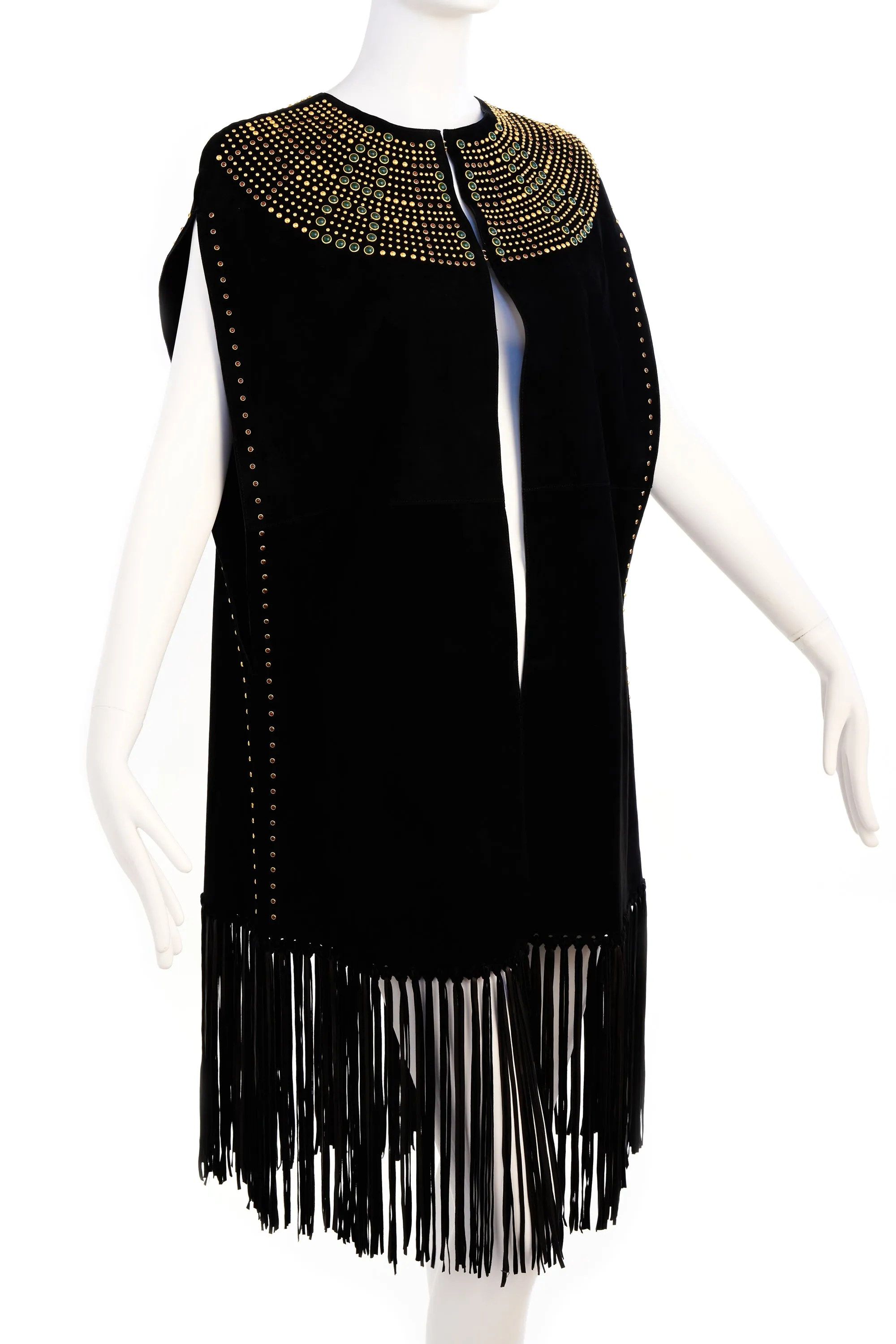 Valentino Spa Black Studded Cape With Fringe Trim