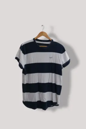 Vintage Hollister Longline Block Stripe Crew Neck T-Shirt Seagull Logo in Navy/White
