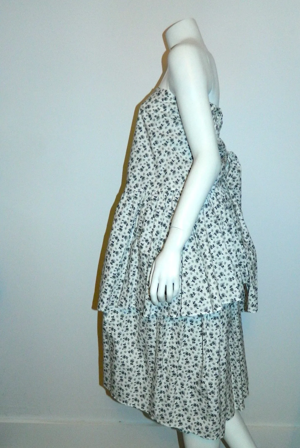 vintage white cotton KENZO floral print tiered skirt / 1980s strapless dress 40 / US Medium