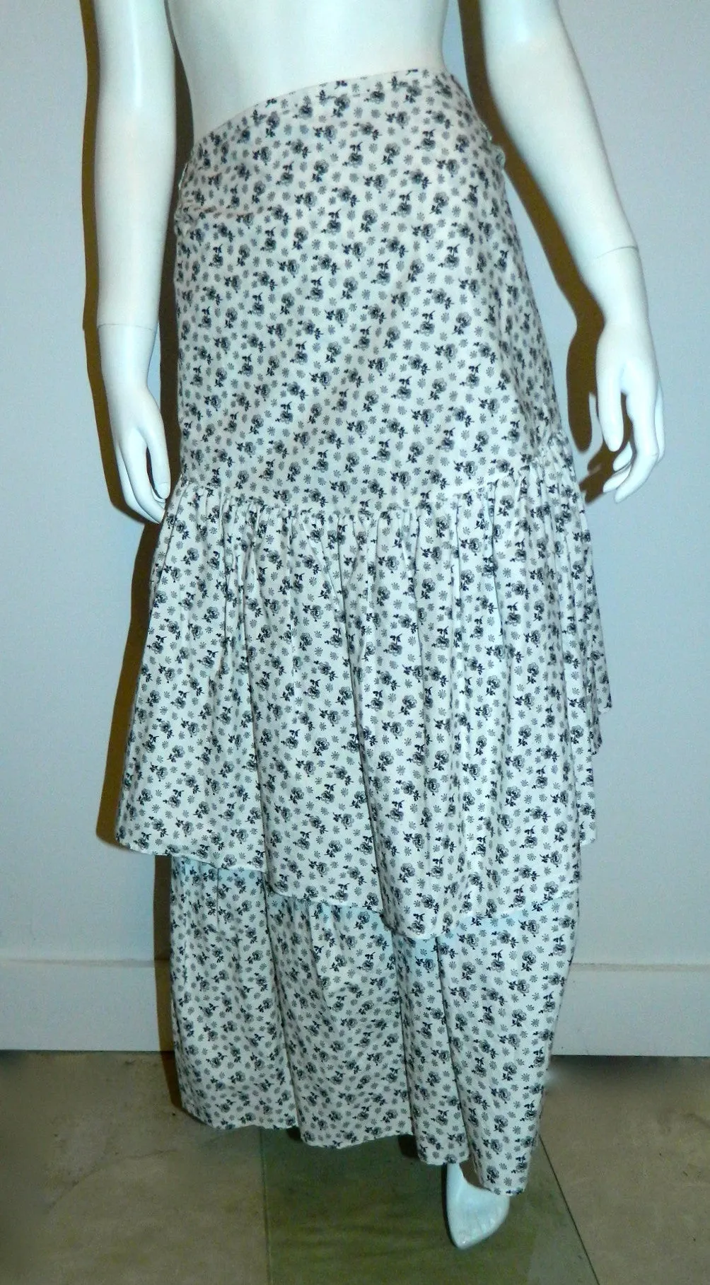vintage white cotton KENZO floral print tiered skirt / 1980s strapless dress 40 / US Medium
