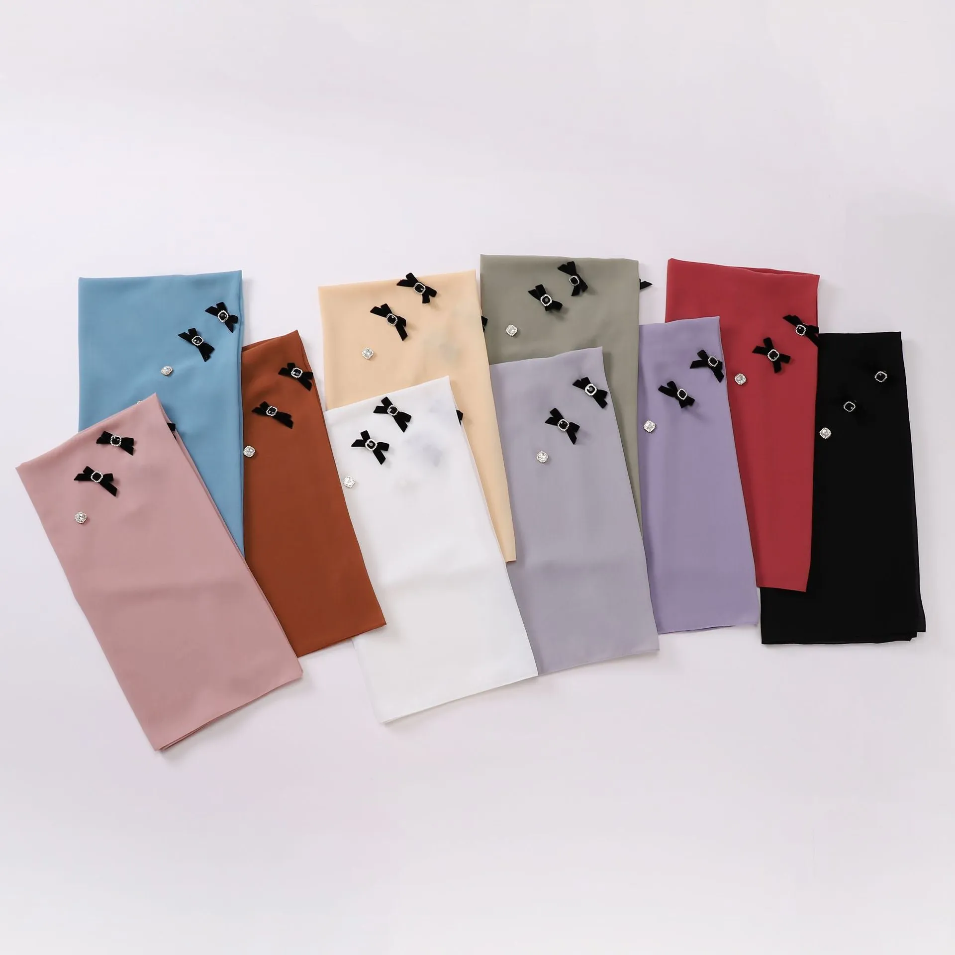 W-0072 90*90  plain pearl chiffon bowknot rhinestone hijab scarf