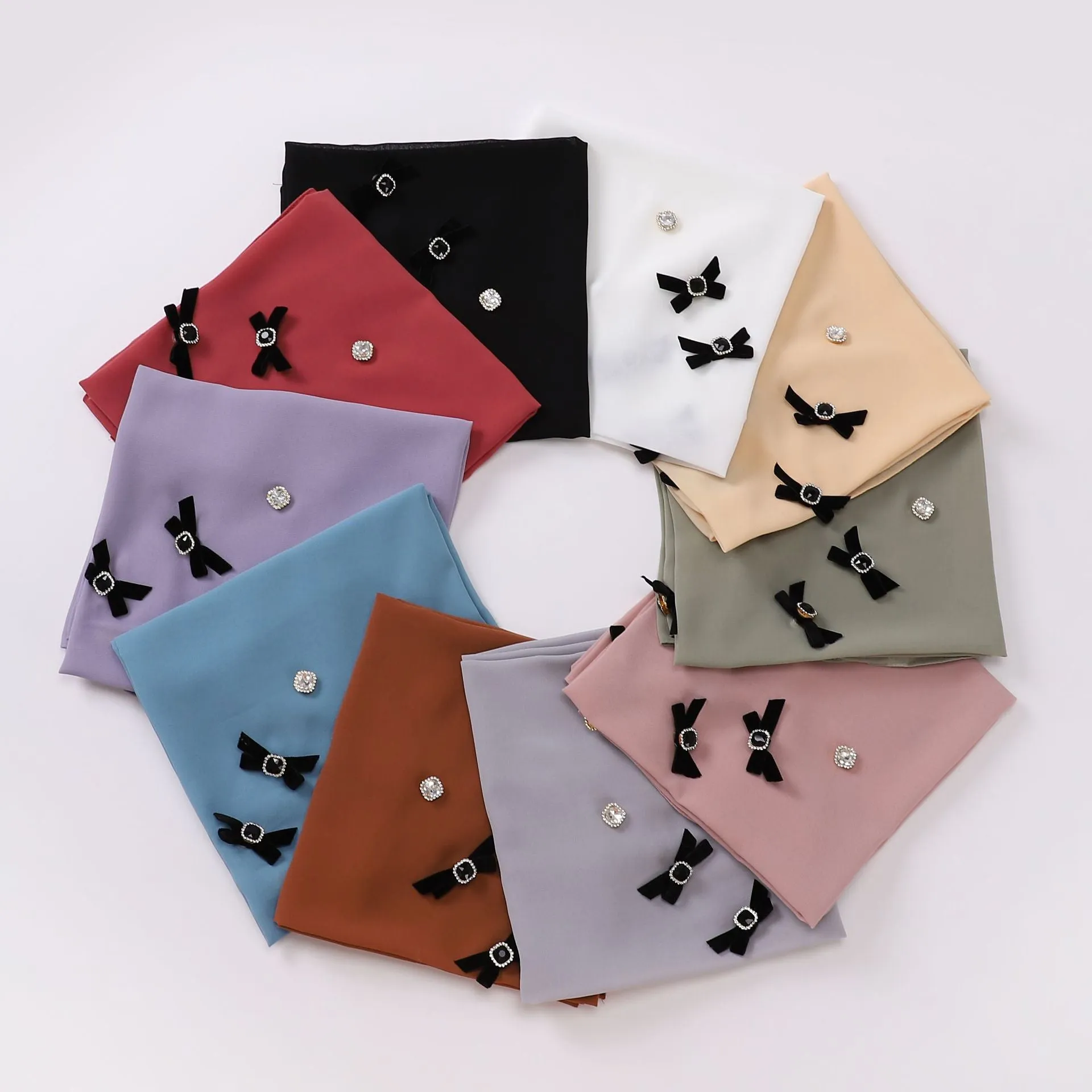 W-0072 90*90  plain pearl chiffon bowknot rhinestone hijab scarf