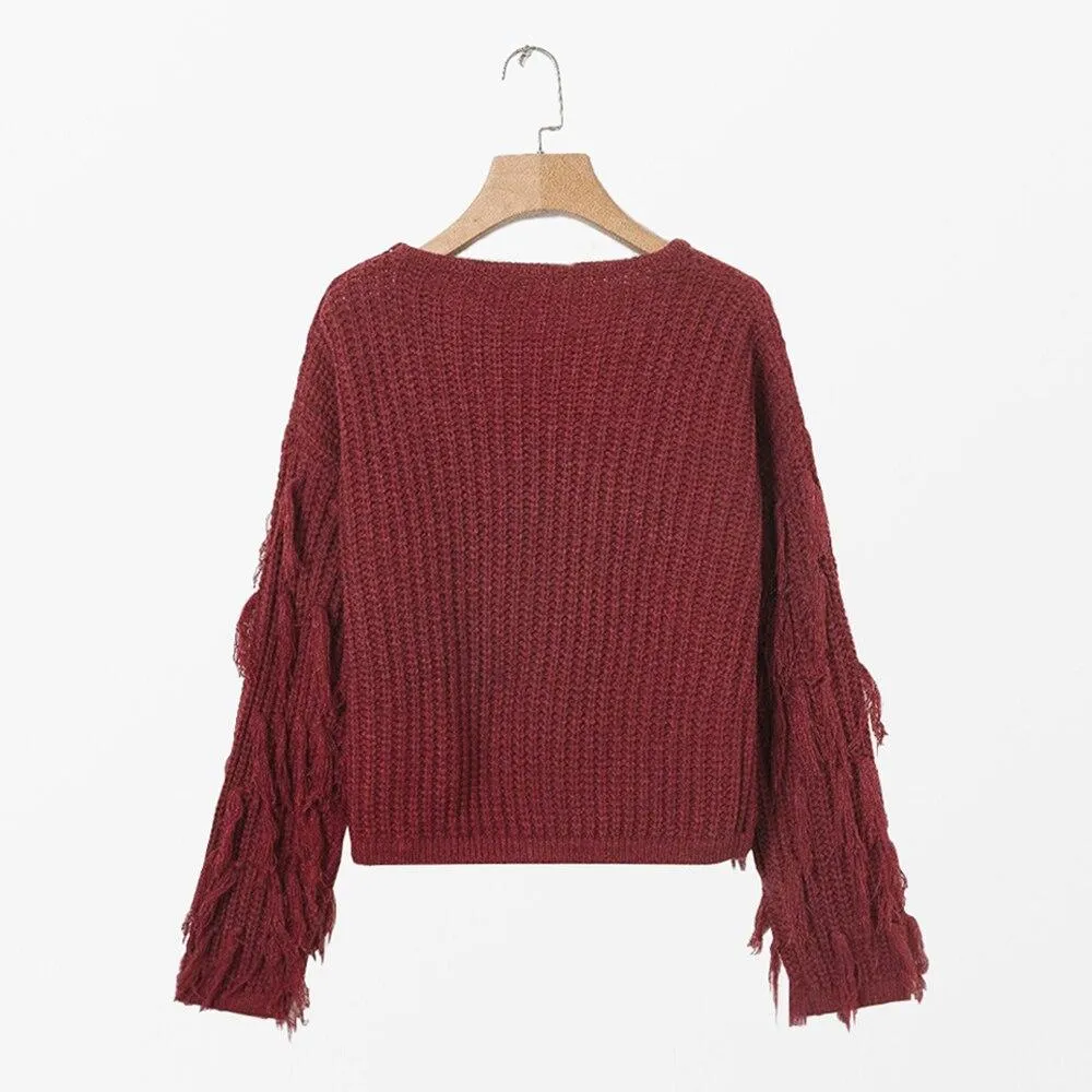 Women Fringe Sleeves Loose Knitted Jumpers Sweater