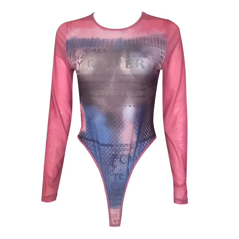 Women Printed round Neck Long Sleeves Bodysuit