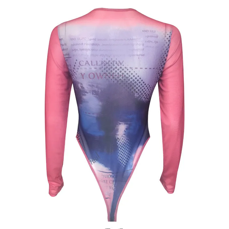 Women Printed round Neck Long Sleeves Bodysuit
