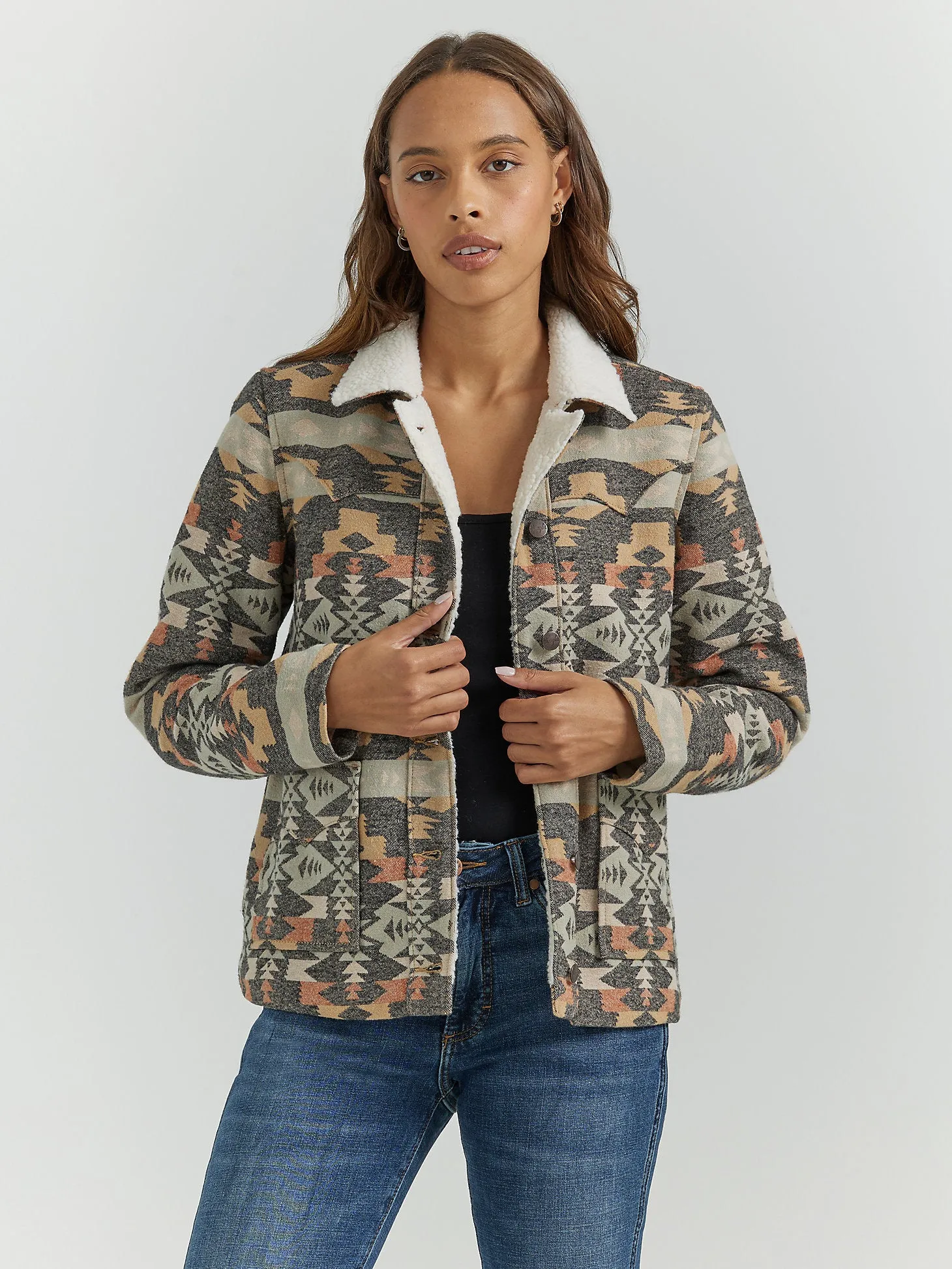 Women's Sherpa Lined Southwestern Barn Jacket - Grey Geo