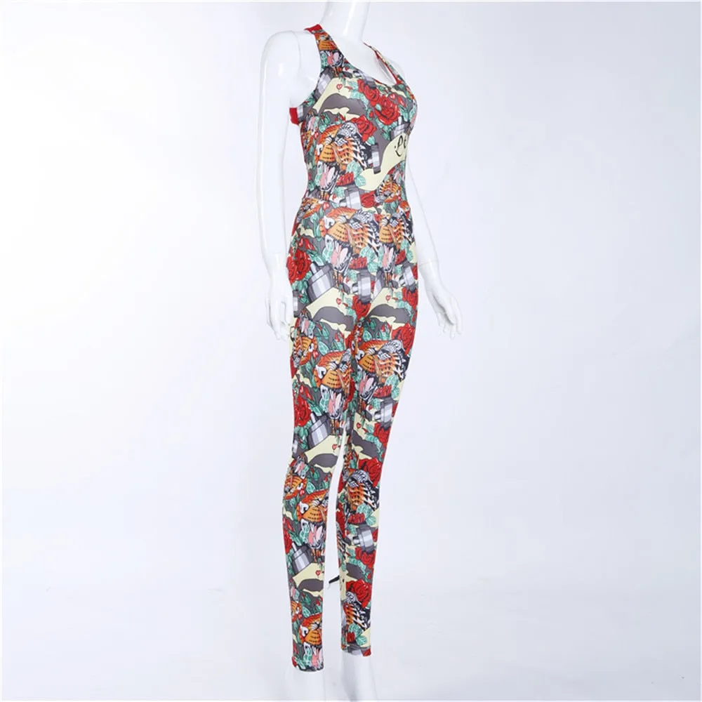 Women's Summer Sleeveless Floral Fitness Bodysuit