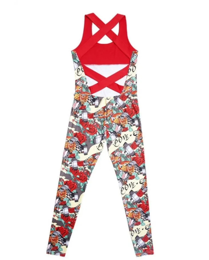 Women's Summer Sleeveless Floral Fitness Bodysuit