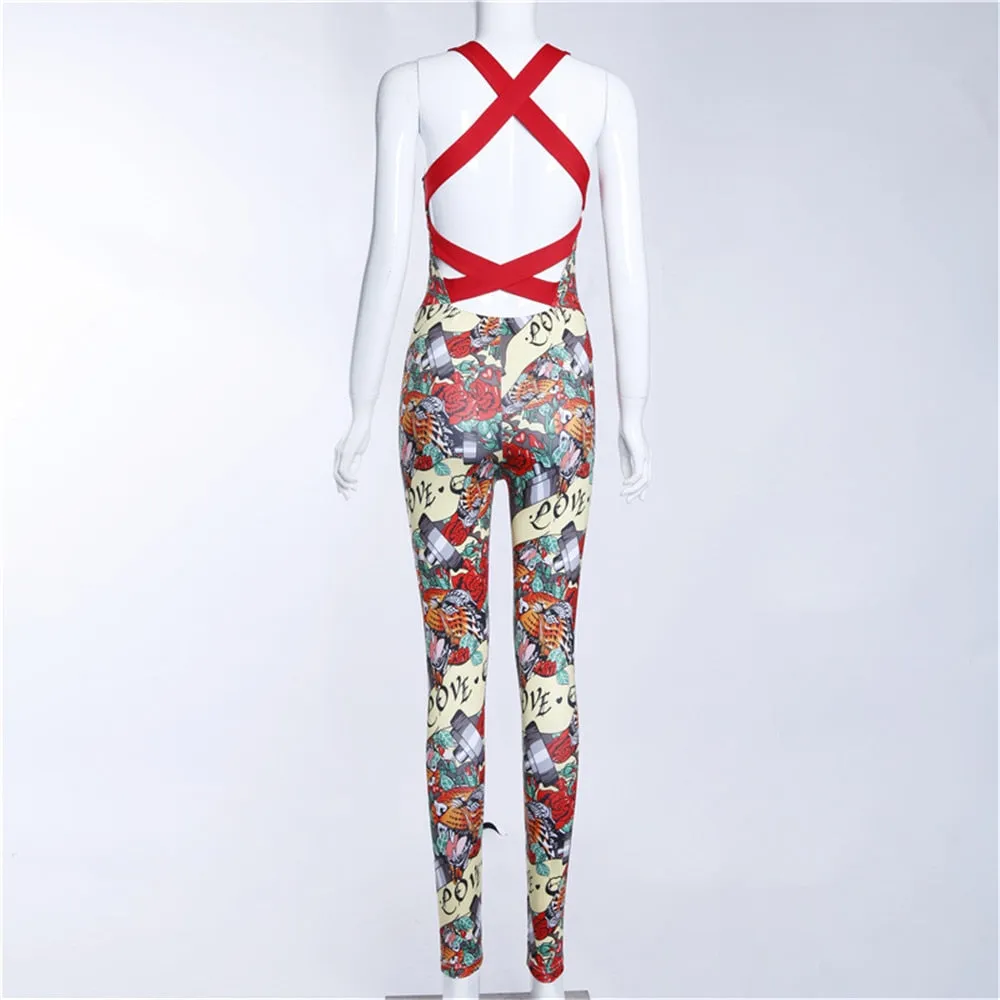 Women's Summer Sleeveless Floral Fitness Bodysuit