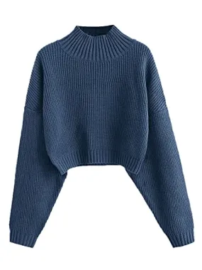 ZAFUL Women's Cropped Turtleneck Sweater Lantern Sleeve Ribbed Knit Pullover Sweater Jumper (1-Slate Blue, M)
