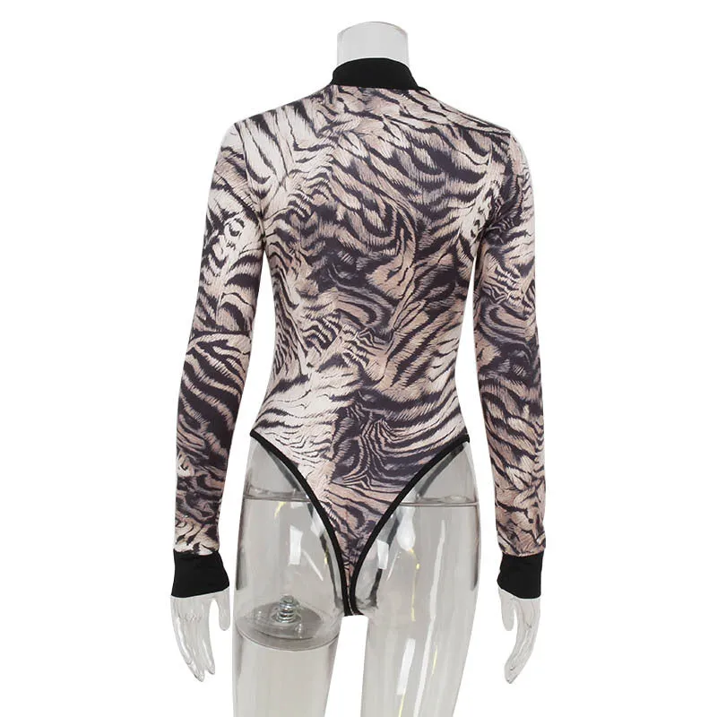 Zebra Print Half High Collar Long Sleeves Bodysuit