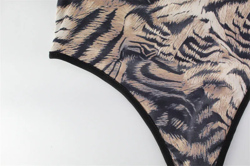 Zebra Print Half High Collar Long Sleeves Bodysuit