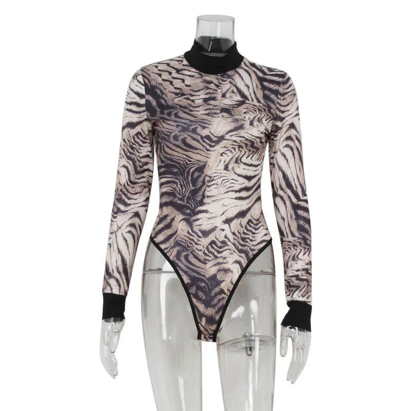 Zebra Print Half High Collar Long Sleeves Bodysuit