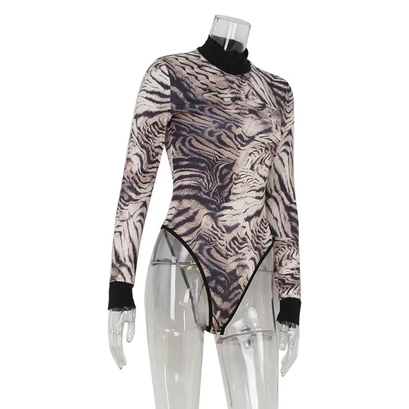 Zebra Print Half High Collar Long Sleeves Bodysuit